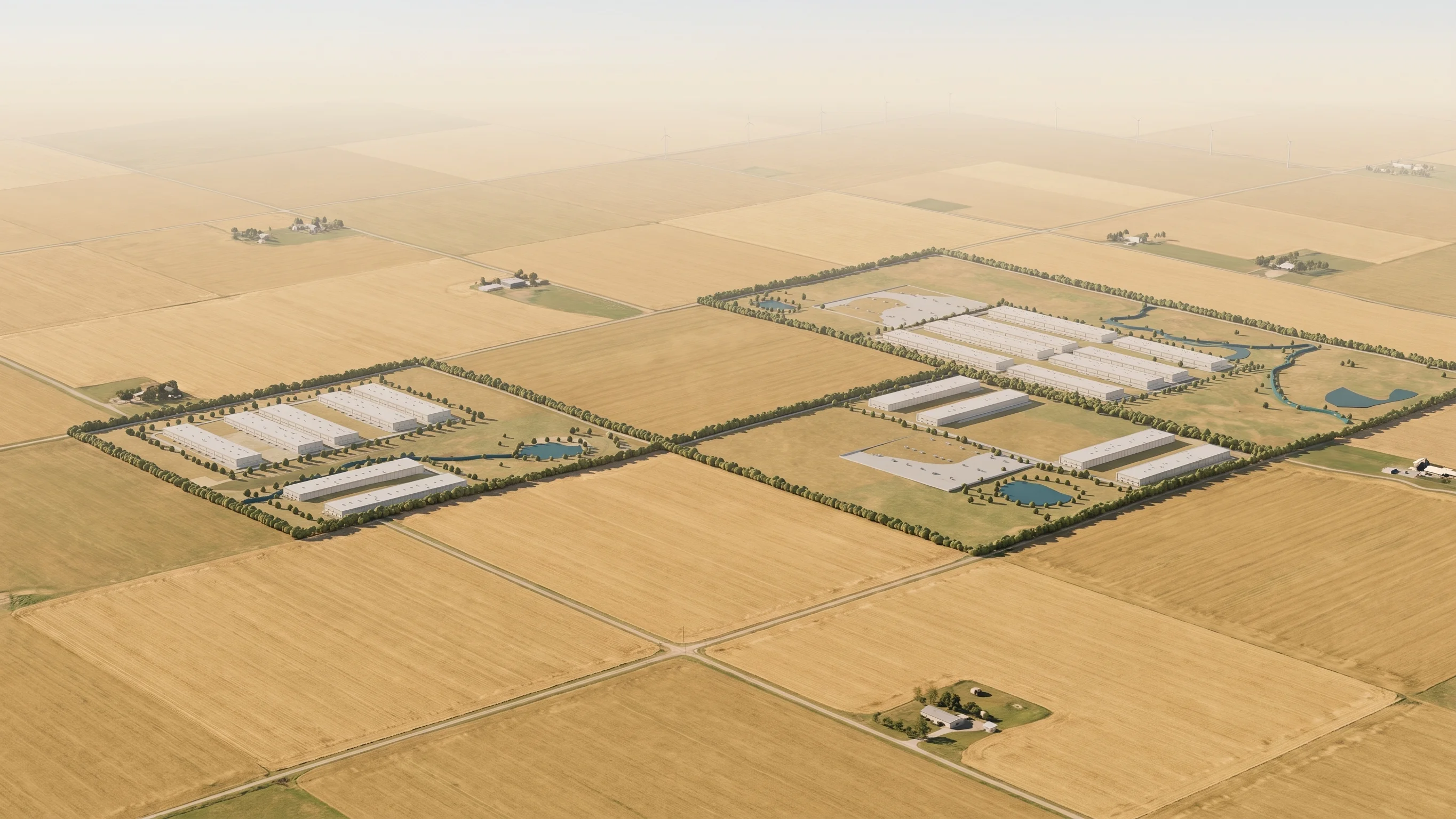 Aerial view of the campus from the southeast in golden prairie.