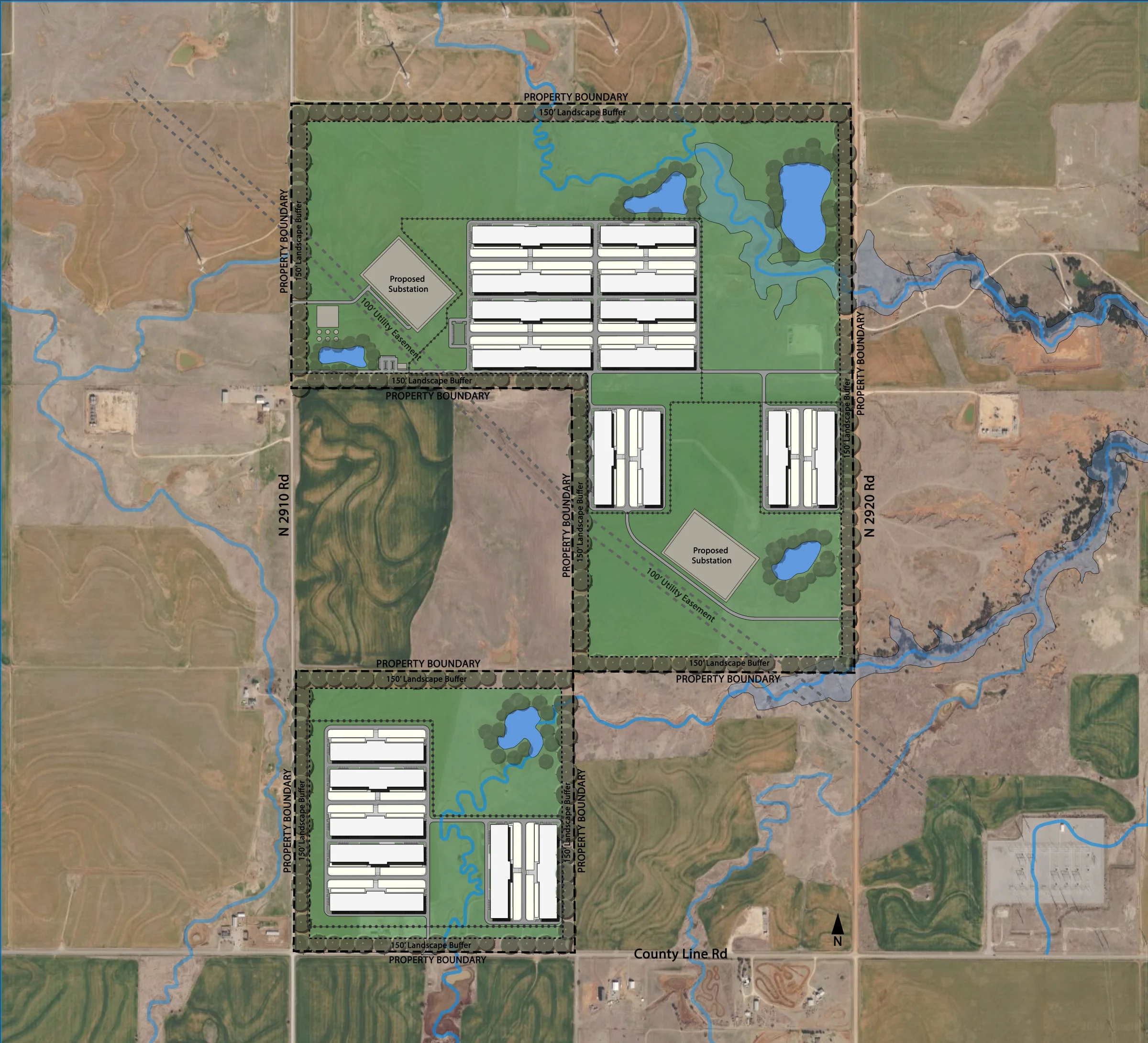 Maria Solana Di Marco's Piedmont site plan: three stepped parcels with 19 buildings, two substations, five ponds, and two stream corridors.
