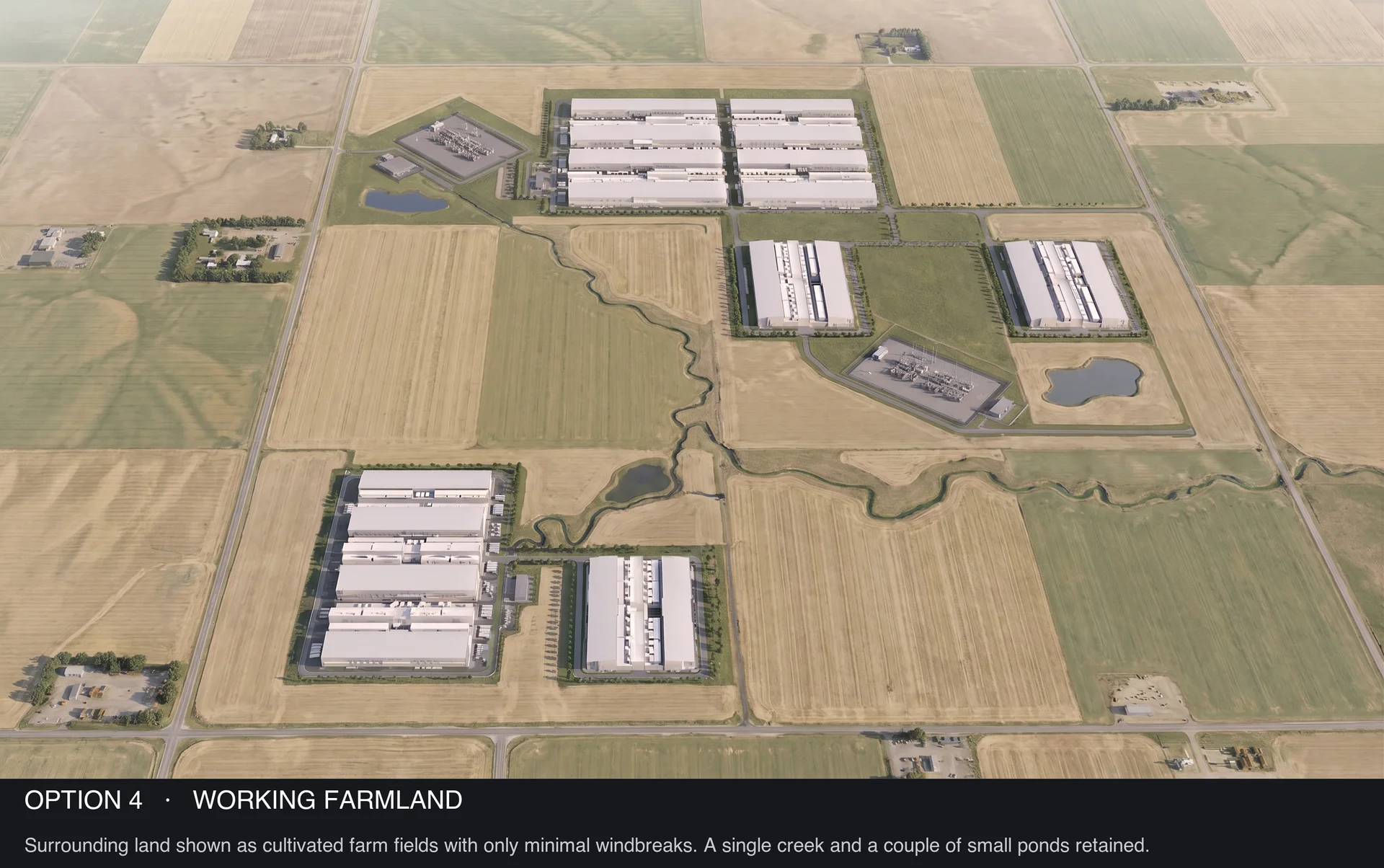 Piedmont site framed by working farmland.